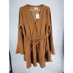 Loveriche Dress Size Medium‎ Mustard Yellow Bell Sleeve V-Neck Wrap Tie Waist